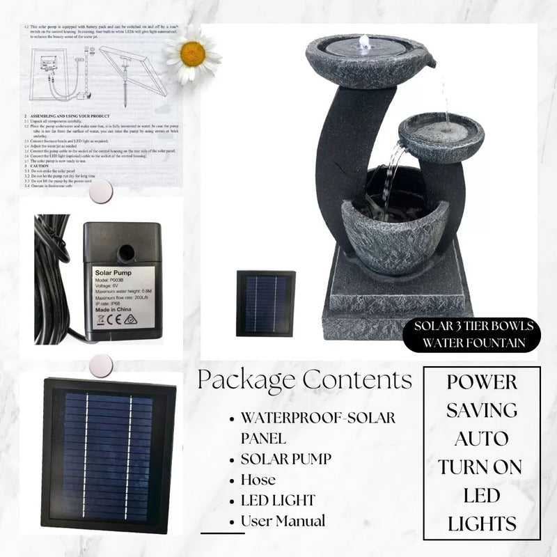 3-Tier Solar Powered Water Feature - Grey Solar power