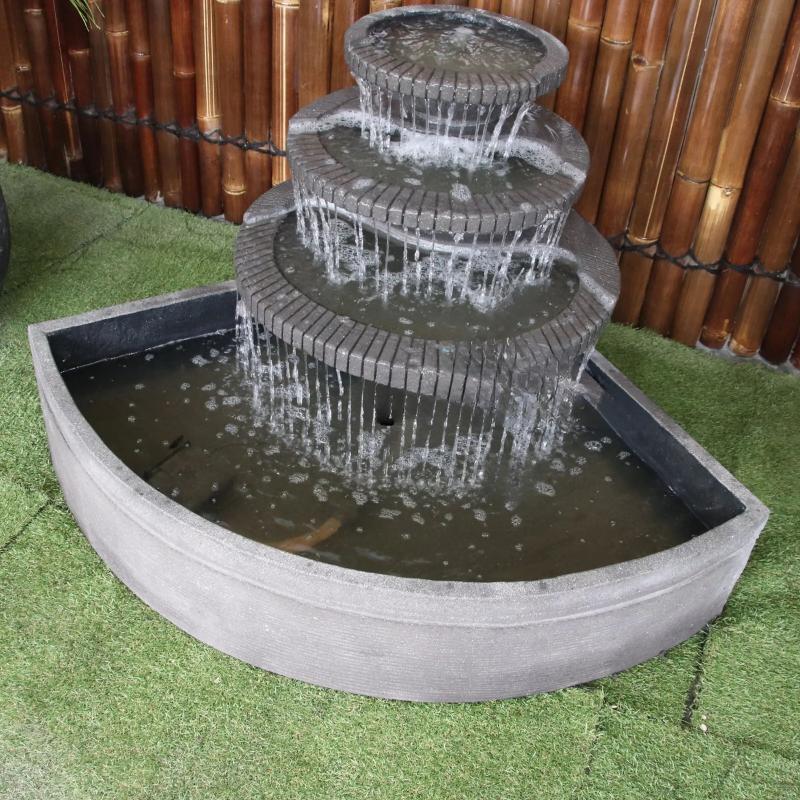 3 tier corner bowl Balinese Style water fountain grey up view
