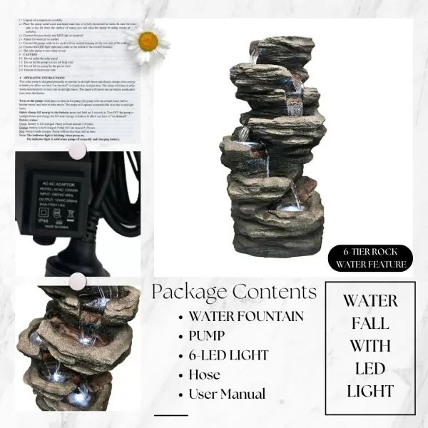 6 Tier Cascade Rock Water Feature Fountain with power