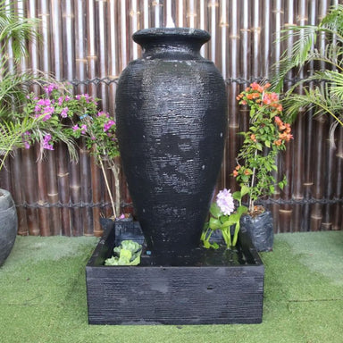 Charcoal Amphora Urn Balinese Style Fountain Front View with flowers