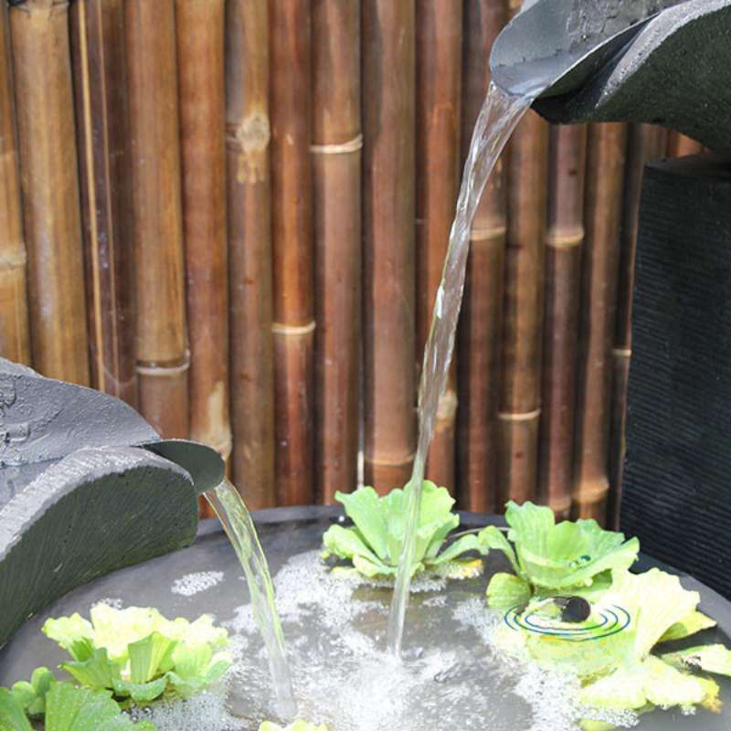 Charcoal Double Wave Balinese Style Bowls water feature with water plant