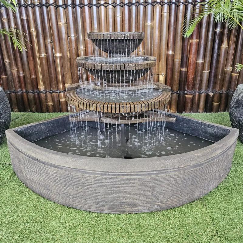 Corner Bowl Balinese Style Water Feature with two plants