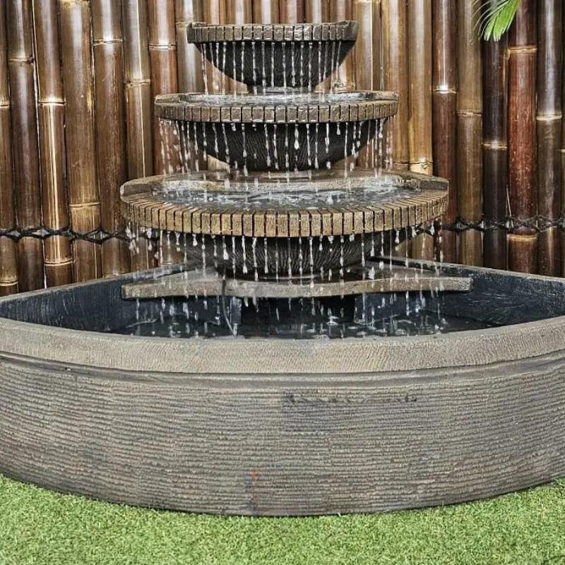 Corner Bowl Balinese Style water feature Fountain Front View with water flow