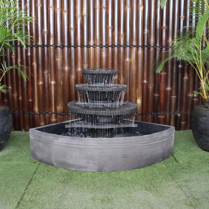 Font view of Three Tier Corner Bowl Fountain with two pots