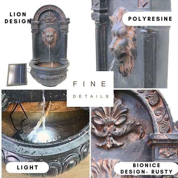 Lions Head Solar Water Feature Water Fountain Close lookup four images