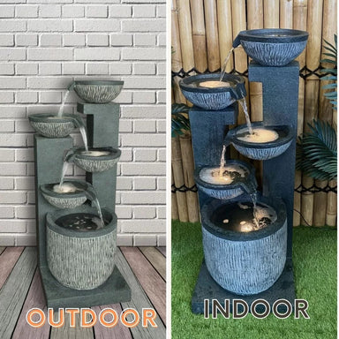 Multi Plate Bowls Cascade Water Feature Fountain indoor and outdoor views
