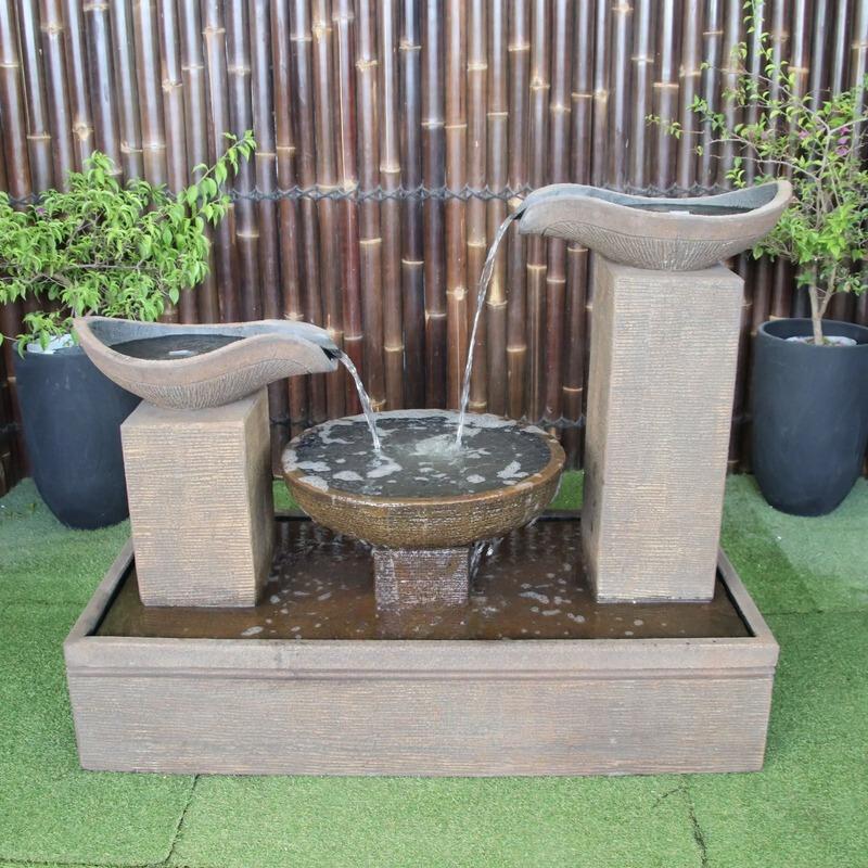 Rust 2 wave Balinese Style Bowls  water feature fountain front view