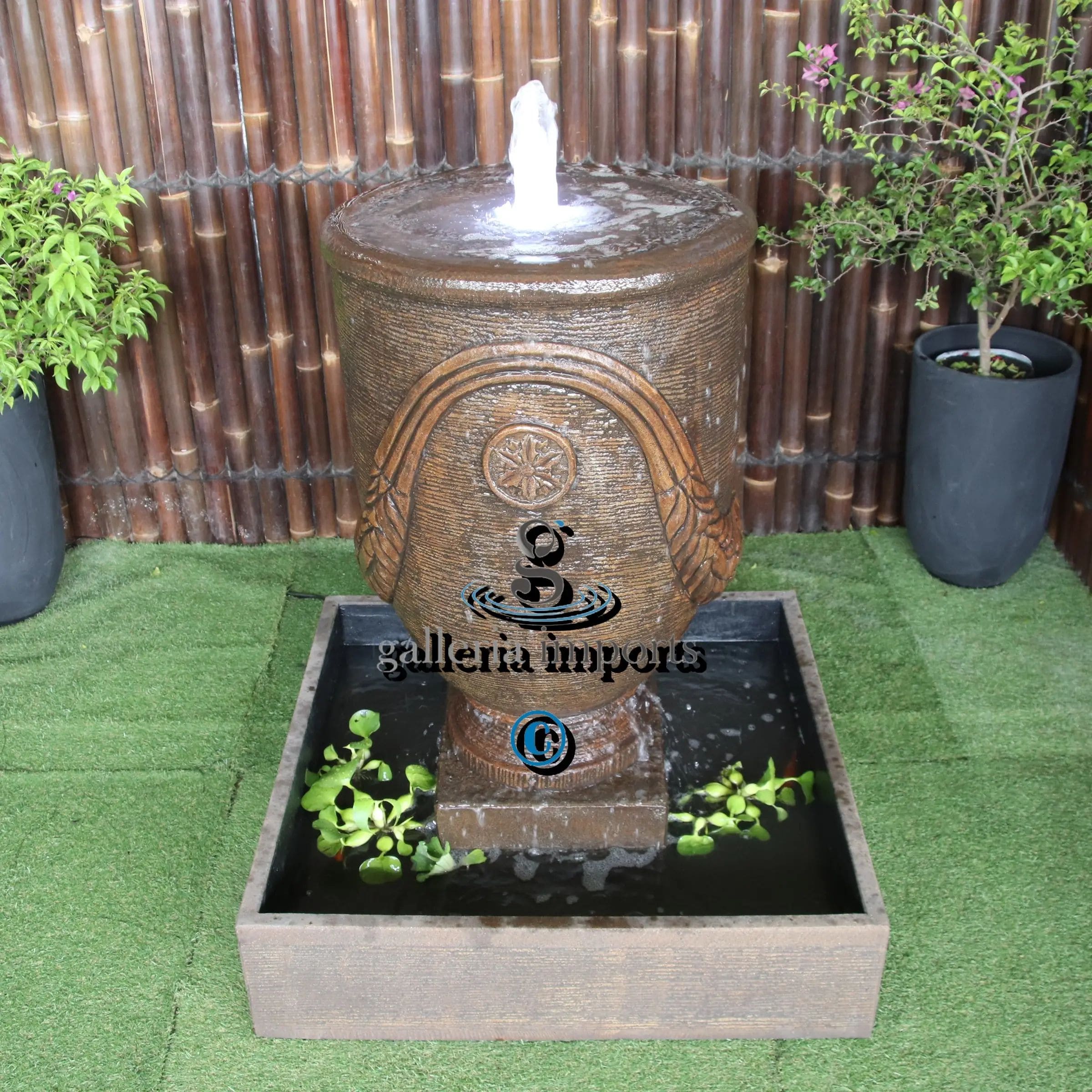 Rust colour Anduze Urn Balinese Style Water Feature Fountain view