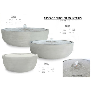 Showing thee sizes of cascade bubler Bowl fountains