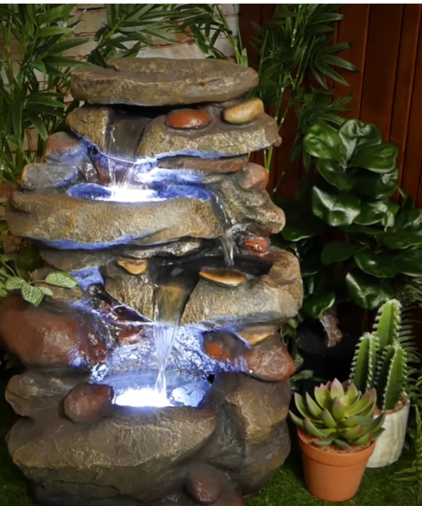 Stacked River Stones 3-Tiers Water Feature Fountain with Plants