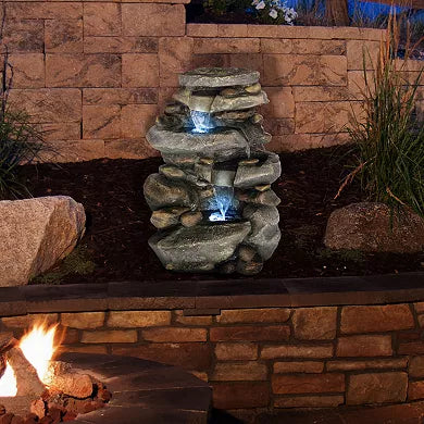 Stacked River Stones 3-Tiers Water Feature Fountain Garden