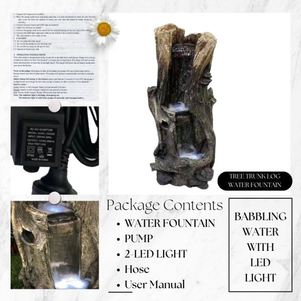 Tree Trunk Cascade Log Water Feature and Water pump