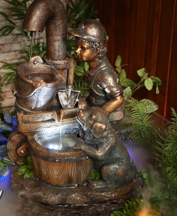 Wheelbarrow Boy and Puppy Water Feature Fountain