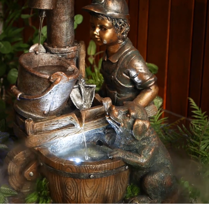 Wheelbarrow Boy and Puppy Water Feature Fountain