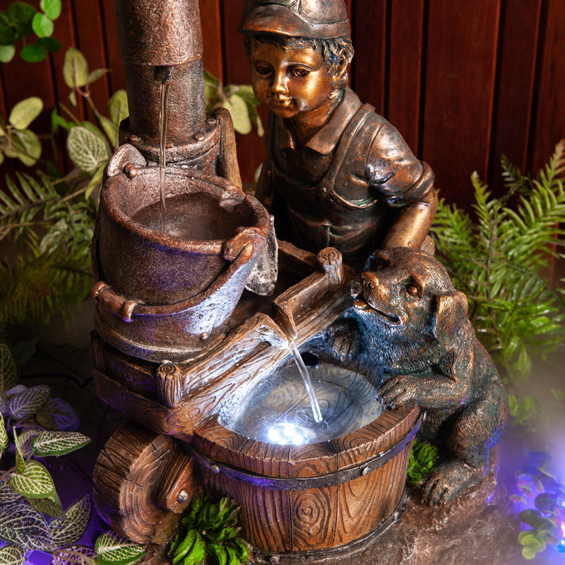 Wheelbarrow Boy and Puppy Water Feature Fountain Close View