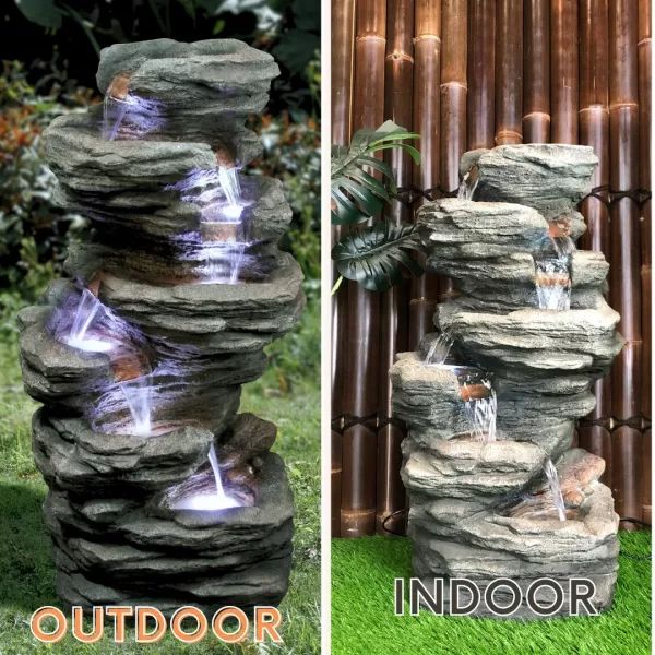 outdoor and indoor images of 6 Cascade Tier Rock Water Feature Fountain
