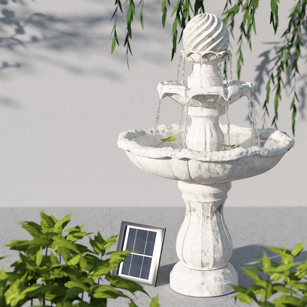 3 Tier Solar Powered Water Fountain - Ivory with solar panel