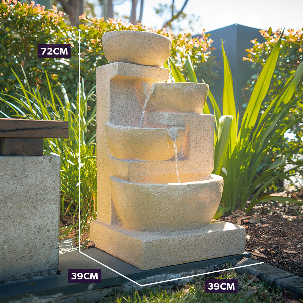 Solar Cascade 4 Bowls Water Feature and dimensions
